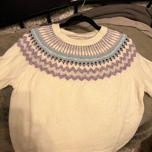 LOFT Cream Sweater with Purple and Blue Design